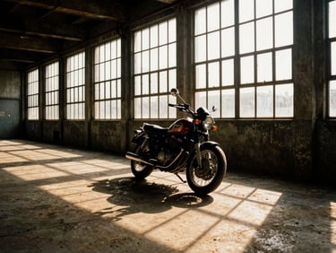 A classic motorcycle parked inside a secure concrete bay, dramatic shadows, warm golden-hour light streaming through high industrial windows, high contrast, 35mm film look
