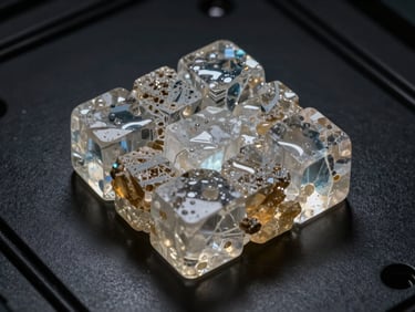 Microfotografía de alta resolución de cristales de oxalato cálcico monohidrato bajo luz polarizada, estructura geométrica precisa sobre fondo oscuro de laboratorio.
