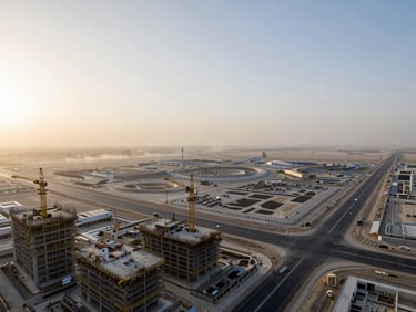 Wide elevated construction site panorama of Dubai South master plan, infrastructure roads visible, low horizon, dust-haze atmosphere, early morning architectural light from the east