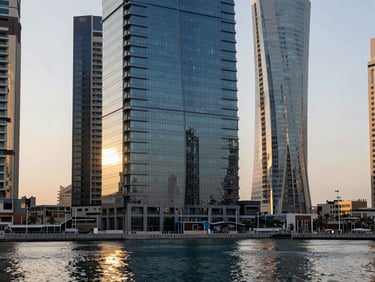 Straight-on architectural exterior of a glass-facade tower in Dubai Marina, evening light, reflections on water below, full-frame vertical crop