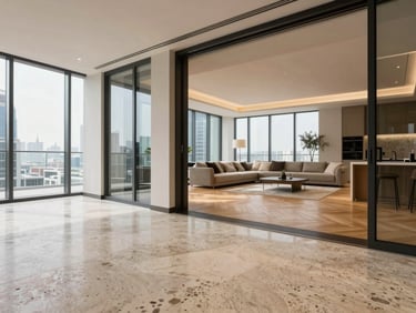Entry sight line into a DIFC apartment, travertine flooring transition to parquet, open-plan living room lit by south-facing floor-to-ceiling windows, no people, studio lighting augmented by natural
