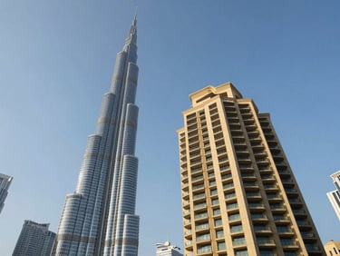 Elevated wide-angle shot of Downtown Dubai at midday, Burj Khalifa framed left, a luxury residential tower facade in sharp focus in the foreground, clean blue sky