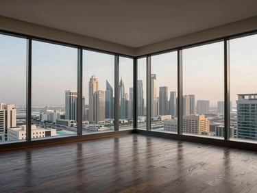 Corner-to-corner wide interior of a Business Bay high-floor apartment, dark hardwood floors, city grid visible through full-width glazing, late afternoon diffuse light