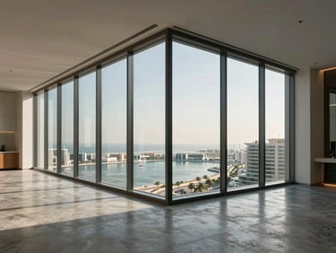 Wide-angle interior corner view of a high-floor Dubai apartment, floor-to-ceiling glass revealing the marina below, polished concrete flooring, minimal furnishing, morning architectural light