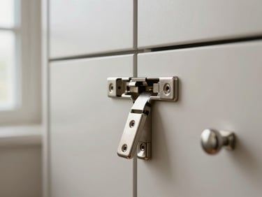 Close-up of a cabinet door hinge and drawer pull in brushed nickel, consistent reveal gap visible, natural side-window light, no styling