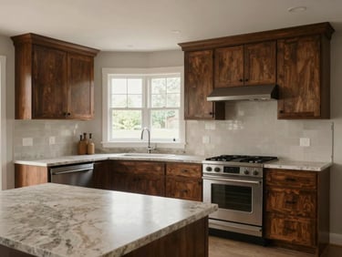 Completed kitchen interior at midday, flat-panel cabinetry with visible hardware, stone countertop edge in sharp focus in the foreground, natural daylight through a window above the sink, wide environmental shot of the full room, no people