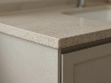 Close-up of a stone countertop eased edge and backsplash tile grout line junction, midday ambient overhead light, no people, no staging