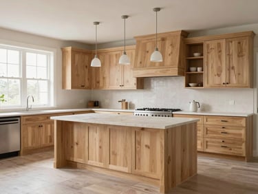 Wide environmental shot of a completed bright kitchen with light maple cabinetry, large island with stone top, pendant lights hanging unlit, midday window light from left side, empty space, no people