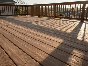 Completed outdoor deck in afternoon sun, tight-grained composite deck boards receding toward a railing, natural afternoon sunlight casting long shadows across the board surface, wide environmental shot showing full deck structure, no people