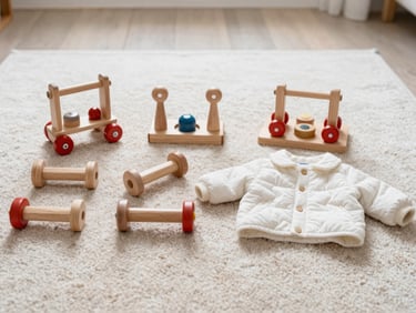 Wooden children toys and a small cotton jacket arranged neatly on a light rug, soft natural light