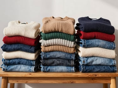 A stack of folded colorful wool sweaters and denim jeans on a simple wooden bench, bright natural daylight