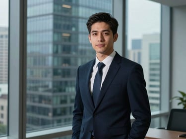 Retrato corporativo de un abogado joven, con expresión accesible pero firme, en un entorno de oficina con vistas a la ciudad, luz natural, tonos fríos.
