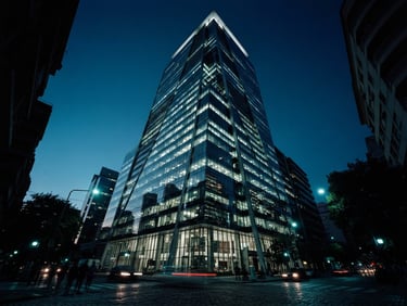 Low-angle architectural shot of a modern glass skyscraper in Buenos Aires, sharp steel reflections, deep navy twilight sky, cool cyan ambient light, 35mm