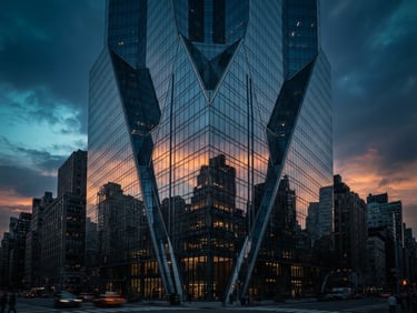 Fachada de un edificio corporativo moderno de vidrio y acero, con reflejos dramáticos del cielo al atardecer, ángulos afilados, tonos azul oscuro y cian, 35mm.