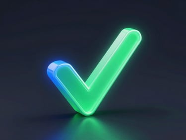Abstract isometric render of secure digital validation checkmark, neon blue and emerald green glow, 8k