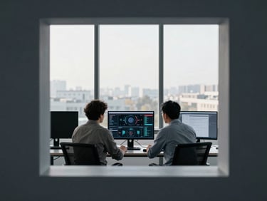 Cool editorial photography, sharp morning window light, desaturated slate and blue tones, architectural framing of a collaborative workspace, focused professionals in mid-discussion around a monitor displaying a complex operational dashboard, tight crop, off-center.