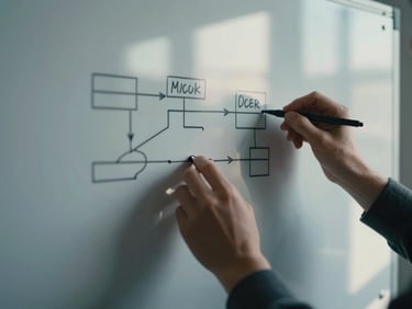 Close-up of hands mapping out workflows on a physical whiteboard, with sharp shadows and cool morning light, desaturated slate and blue tones, architectural framing.