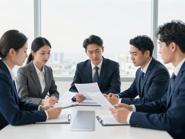 Professional legal team in a modern boardroom, discussing documents, bright natural daylight, deep blue and clean white tones, sharp focus, editorial 35mm