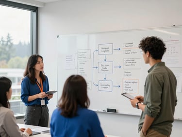 Bright modern Pacific Northwest workspace, collaborative team whiteboard session with flowcharts, natural daylight, sharp focus, 35mm lens