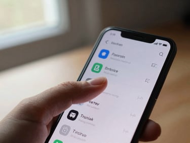 Extreme close-up of a thumb mid-tap on an Android phone screen showing a clean app UI, natural daylight from a window casting soft light on the hand, blurred desk background