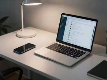 Developer's desk workspace — phone and laptop open side by side, a chat window visible on the laptop screen, natural overhead office light, clean minimal desk surface, no people in frame