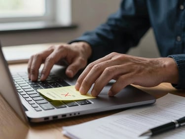 Close-up of developer hands on a laptop keyboard with a sticky-note feature list visible on the desk, several items crossed out in pen, natural window light from the upper left, shallow depth of field