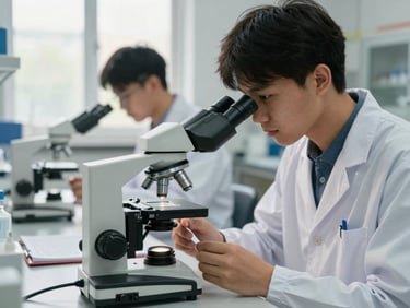 Student examining a biology slide under a compound microscope in a well-lit lab, notebook open beside the microscope, afternoon window light, focused expression, lab partner visible in background