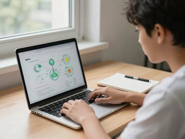 Student at a digital learning station in SISYA school, laptop screen showing a biology diagram, notebook beside it, focused expression, natural window light from the side, no posed smile