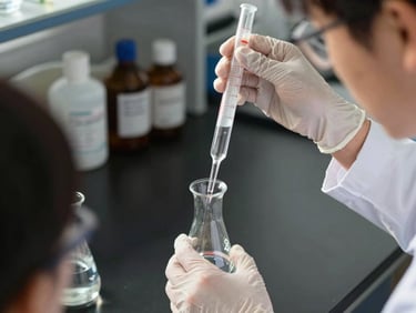 Overhead view of a student titrating a solution in a chemistry lab, gloved hands holding a burette over a conical flask, natural daylight catching the liquid, lab bench with reagent bottles behind
