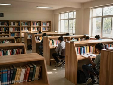 SISYA school library interior, rows of reference books and NCERT volumes, students seated at individual study carrels with notebooks open, quiet afternoon light through windows, no one looking at camera