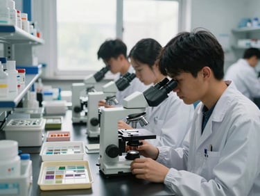 SISYA biology laboratory, students in uniforms examining specimens under microscopes, lab benches stocked with slides and dissection trays, natural daylight from side windows, focused hands-on practical session