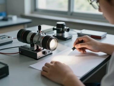 Close-up of a student's hands arranging optics equipment on a lab bench, a ray box casting a beam of light across a white paper, natural daylight from a nearby window, physics lab setting