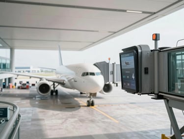 Bright airport terminal gate with modern infrastructure, clean environment, high depth of field