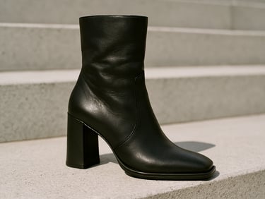 Close-up of a high-fashion leather boot on a clean concrete step, bright natural daylight, desaturated neutral tones, 35mm film look