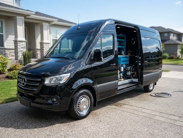 A sleek black mobile detailing van parked in a clean suburban driveway, bright daylight reflecting off polished paint, crisp professional automotive photography.