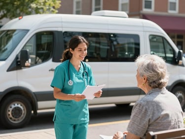 A modern mobile clinic van parked in a sunny Ohio town square, a female nurse in teal scrubs talking warmly with an elderly resident, soft natural daylight, 35mm editorial