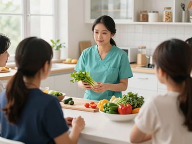 A bright kitchen workshop with a dietitian showing fresh vegetables to community members, warm natural light, genuine focus