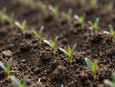 Macro texture of structured natural soil and emerging green shoots under soft, indirect morning light, representing growth and quiet vitality.