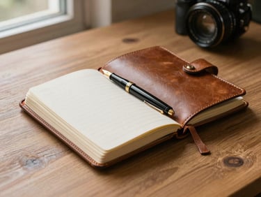 An open leather-bound journal resting on a solid oak table next to a fountain pen, bathed in warm, indirect window light.