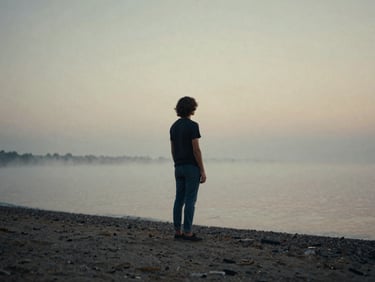A solitary figure standing on a misty shoreline at dusk, overcast daylight, soft textures, cinematic 35mm grain.