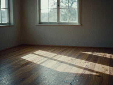 An empty room with dramatic window light casting long shadows on a wooden floor, cinematic film photography, 35mm grain.