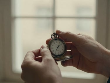 Cinematic film photography of hands gently holding a weathered, old pocket watch, soft overcast window light, warm cream paper tones, intimate depth of field