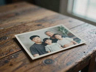Close-up of a faded family photograph resting on a rustic wooden table, soft side-light, weathered textures, 35mm grain.