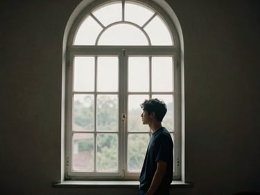 Cinematic film photography of a solitary figure standing by a tall arched window, soft natural side-light, muted desaturated tones, 35mm grain