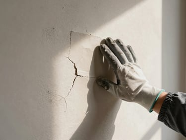 Close-up of a gloved hand pressing a drywall patch against a cracked plaster wall, natural north-facing indoor light, visible texture of old plaster dust and lath shadow behind the patch