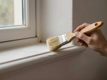 Close-up of a paint brush drawing a clean edge line along an old window trim against a freshly painted wall, warm daylight from the window, bristle detail sharp, slight paint sheen on the trim visible