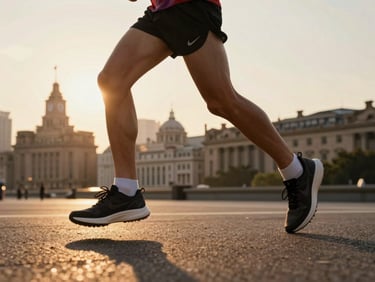 Dynamic low-angle shot of a runner's legs mid-stride on asphalt, historic municipal buildings in blurred background, early morning golden hour, energetic warm tones.