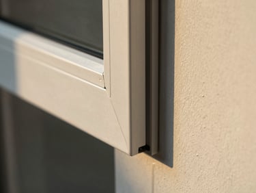 Close-up macro shot of a slim aluminium window frame corner joint, anodised finish catching raking late-afternoon light, flush against a painted wall, sharp edge detail visible