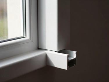 Tight close-up of a white UPVC window profile corner, clean mitre joint under directional window light, smooth surface texture, installed flush in a finished interior wall