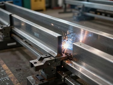 Wide shot inside a metal fabrication workshop — a steel railing component clamped in a welding jig, sparks visible at the weld point, directional industrial overhead light raking across the brushed stainless surface, raw workshop floor in background